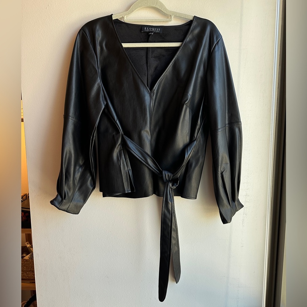 Eloquii Faux Leather V-Neck Tie Waist Top, Size 16
